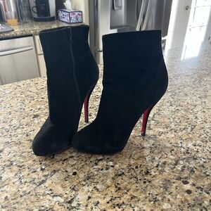 Christian Louboutin Black and Red Suede Heeled Ankle Boots with Pointed Toe